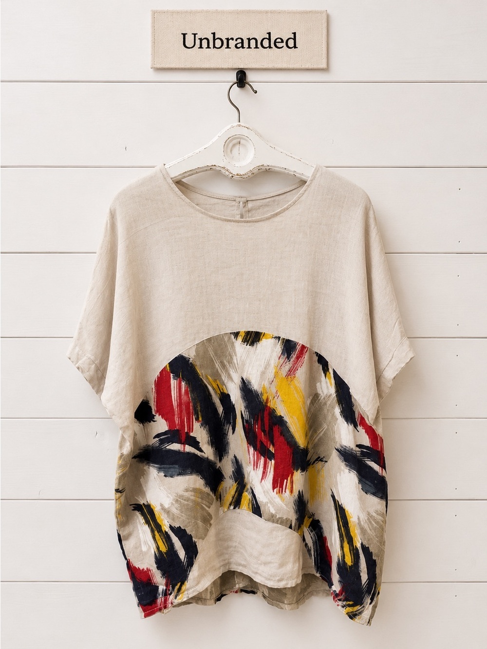 Beige Linen Abstract Print Oversized Top Estimated Size L/XL
